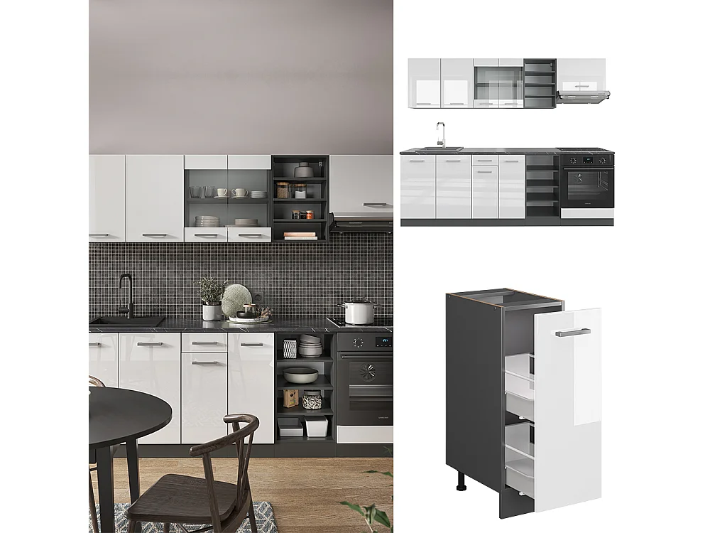 Cucina componibile bianco lucido/antracite 240x60x81.6 r-line