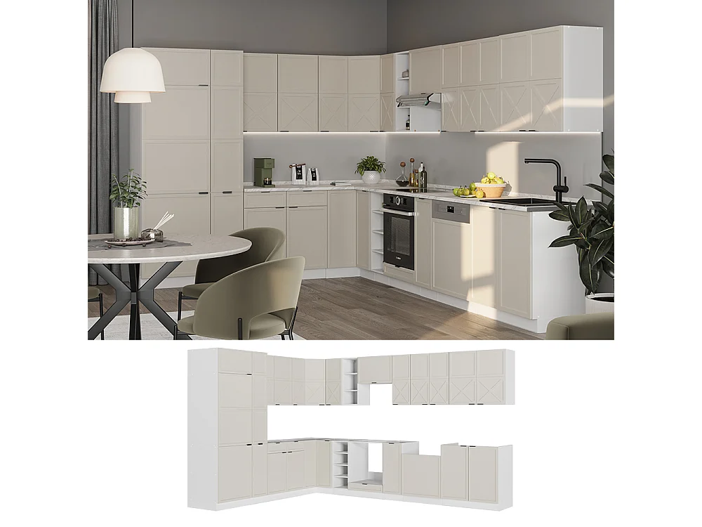 Cuisine en angle grisbeige/blanc 347x60x81.6 fame-line