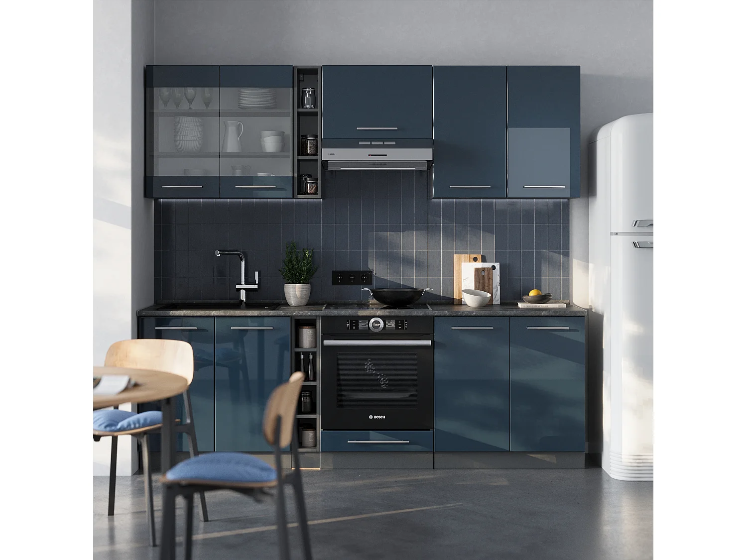 Küchenzeile dunkelblau hochglanz/anthrazit 235x60x81.6 fame-line