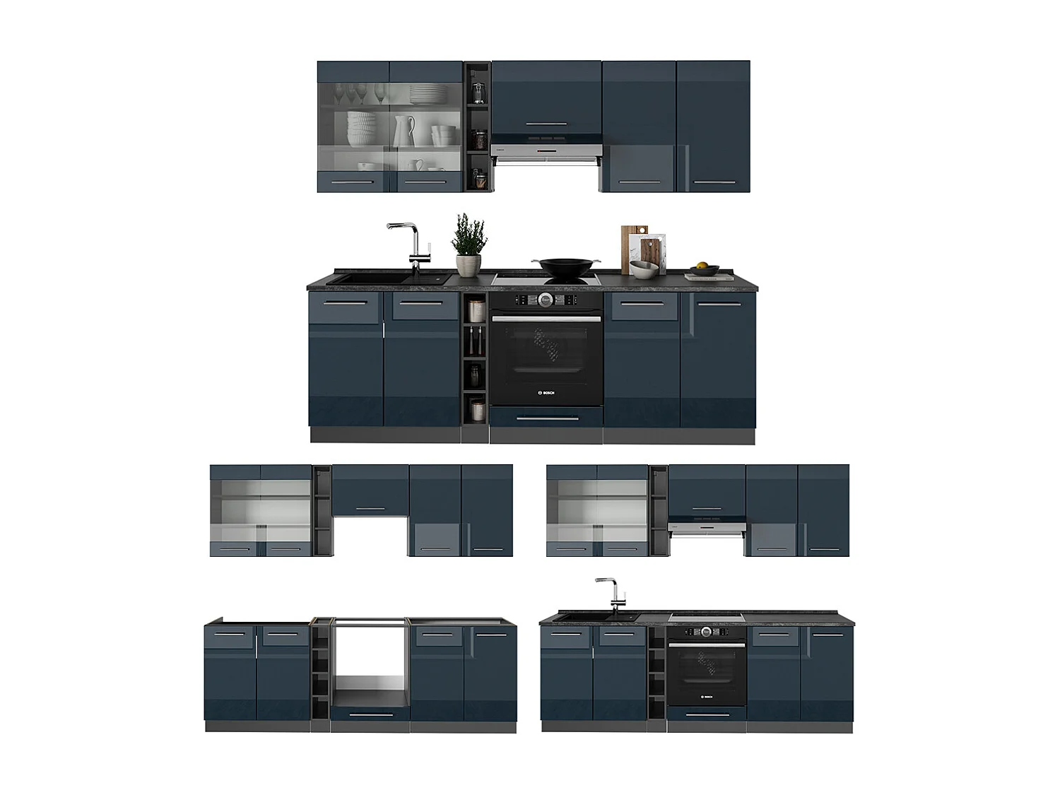 Cuisine bleu foncé brillant/anthracite 235x60x81.6 fame-line