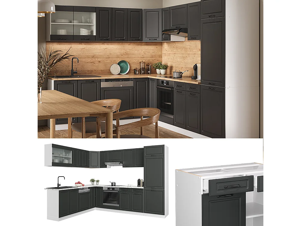 Hjørnekøkken antracit landhus/hvid 287x60x81.6 r-line