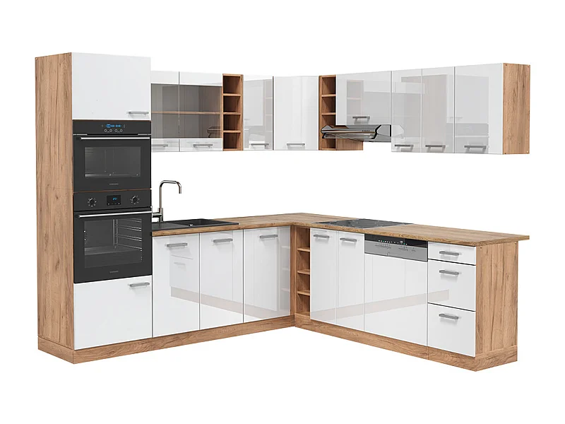 Cocina esquinera blanco brillo intenso/roble dorado 247x60x81.6 r-line