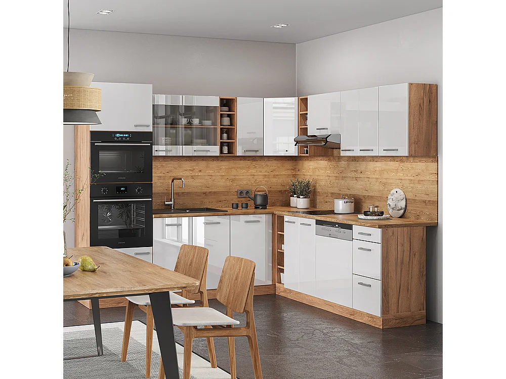Cuisine en angle blanc haute brillance/chêne de force doré 247x60x81.6 r-line