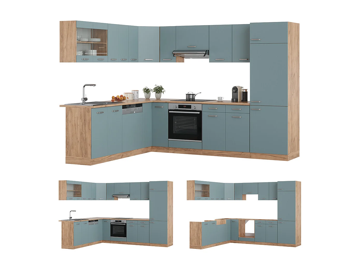 Cucina angolare completa rovere blu-grigio/oro 287x60x81.6 r-line