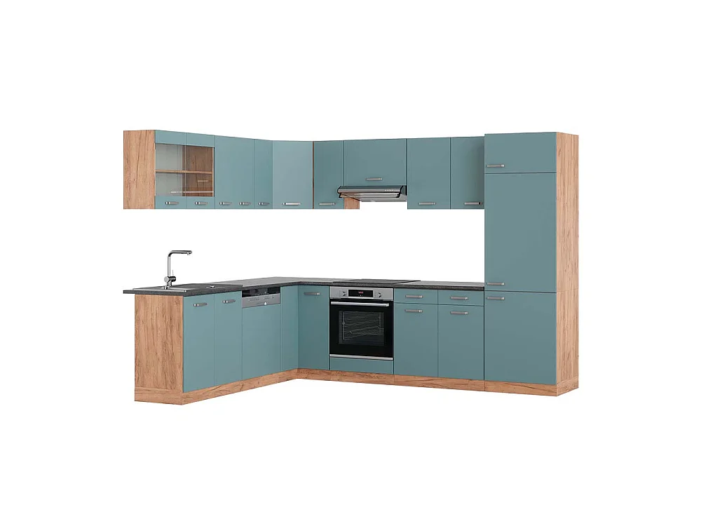 Cuisine en angle bleu-gris/chêne de force doré 287x60x81.6 r-line