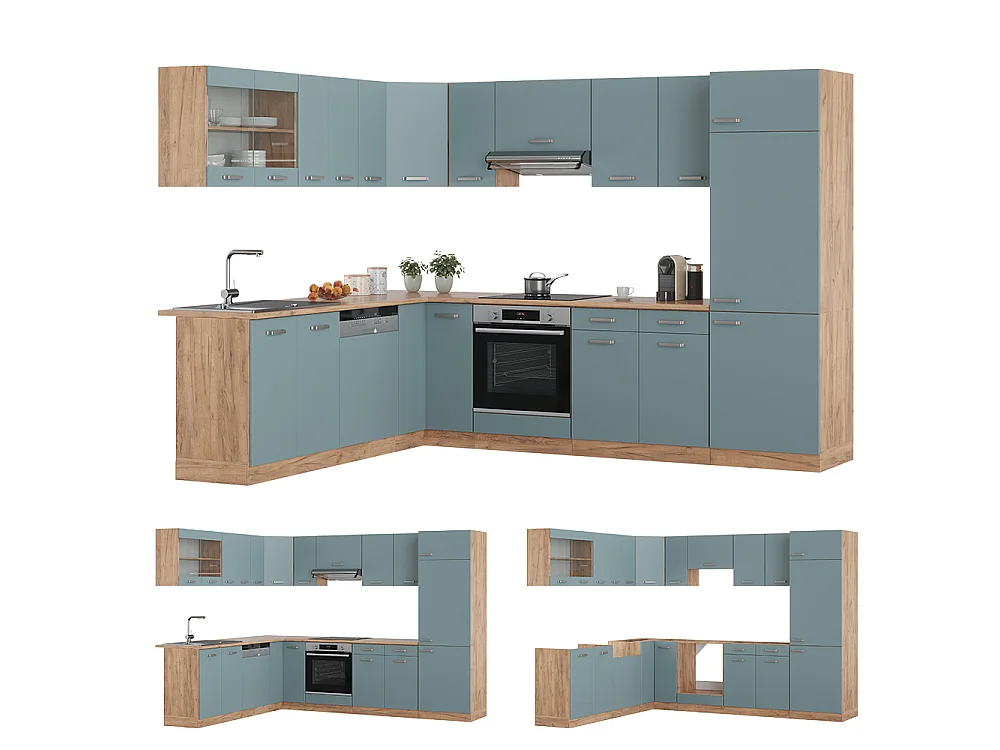 Cuisine en angle bleu-gris/chêne de force doré 287x60x81.6 r-line