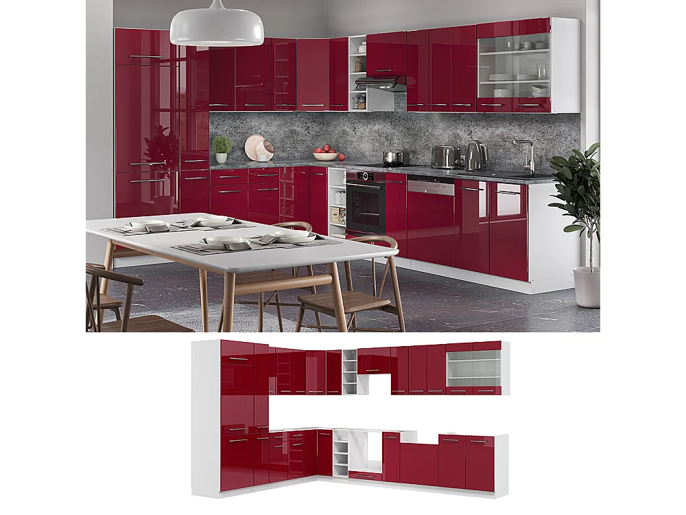 Cuisine en angle bordeaux haute brillance/blanc 347x46x81.6 fame-line