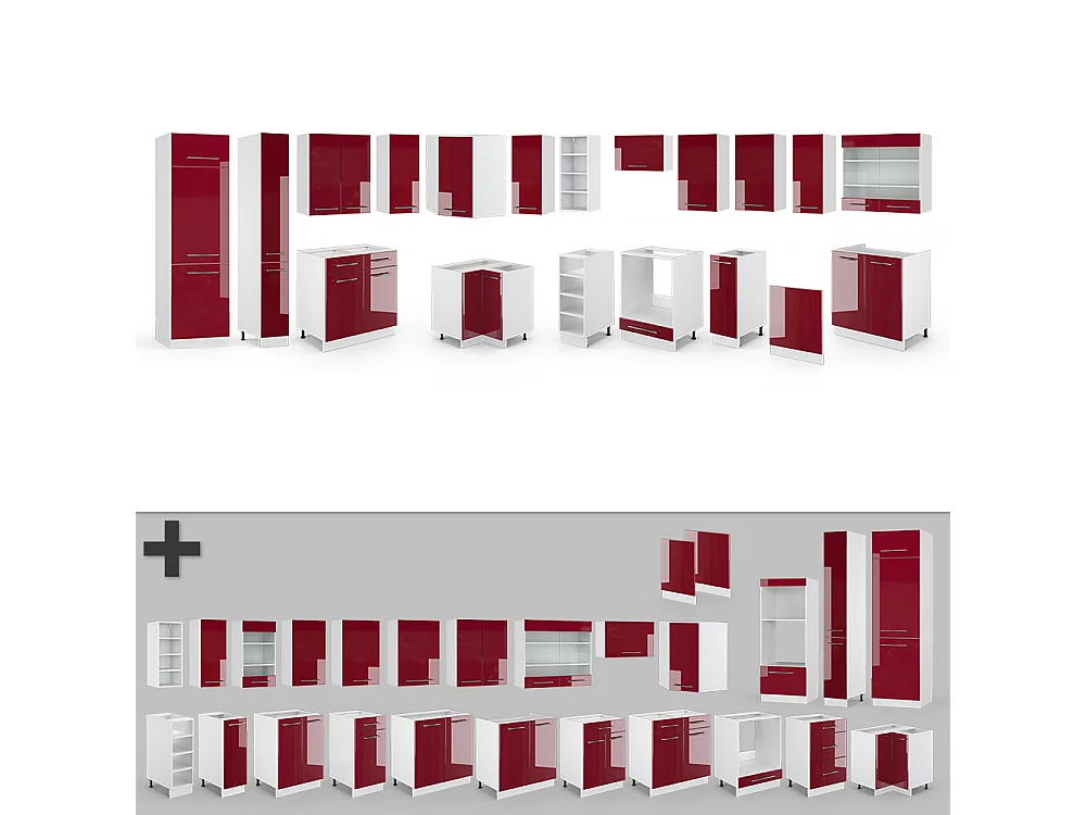 Cuisine en angle bordeaux haute brillance/blanc 347x46x81.6 fame-line
