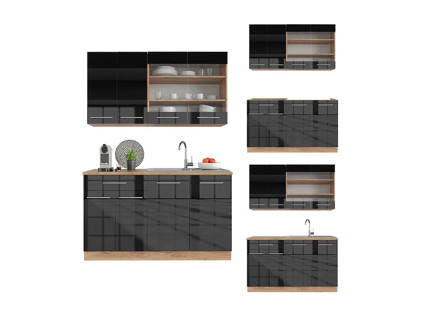Cucina completa antracite lucido/oro power oak 140x60x81.6 fame-line