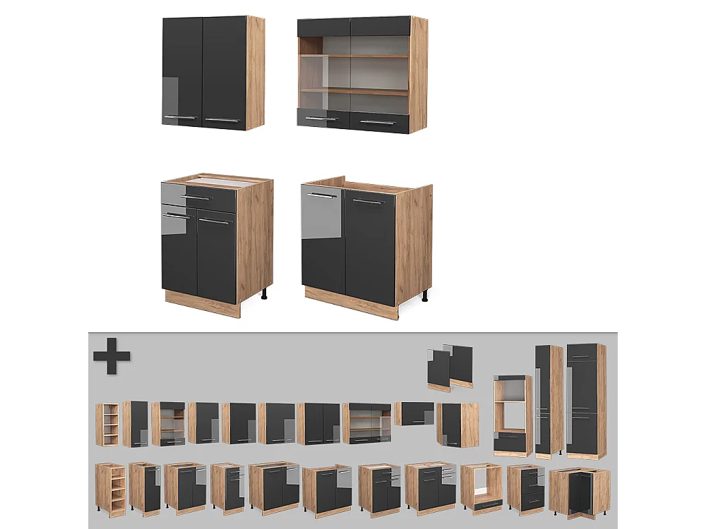 Enskilt kök antracit högblank/goldkraft ek 140x60x81.6 fame-line