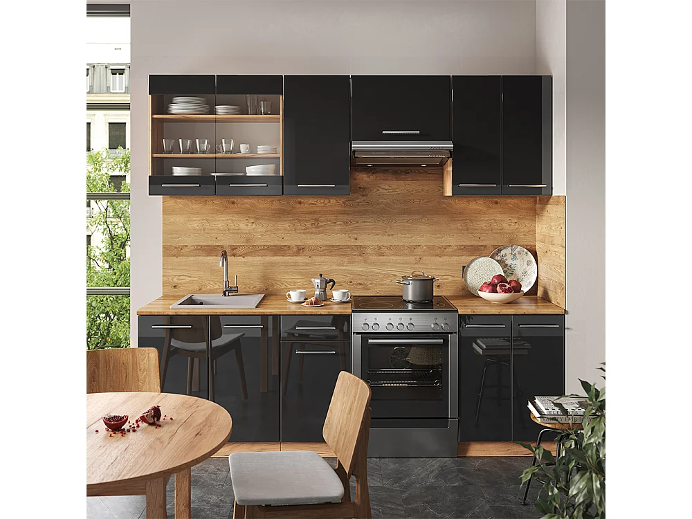 Küchenzeile anthrazit hochglanz/goldkraft eiche 240x60x81.6 fame-line