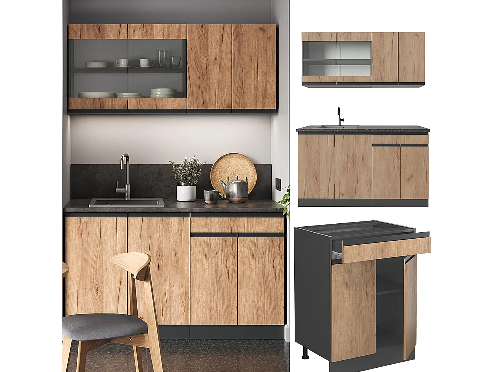 Eenpersoonskeuken eik goud/antraciet 140x60x81.6 r-line