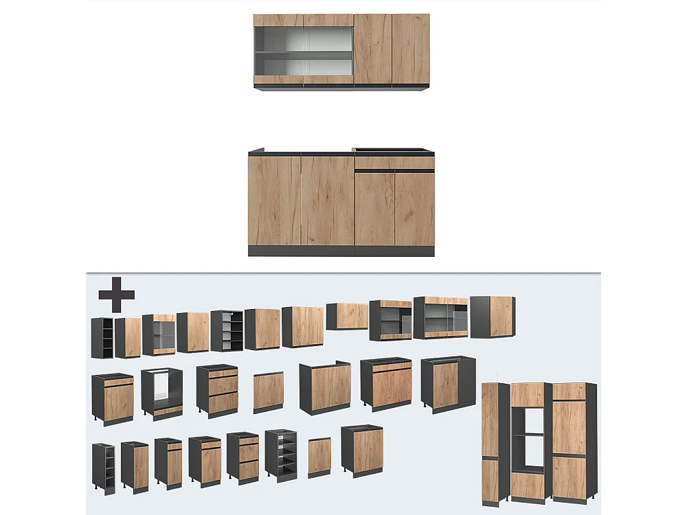 Eenpersoonskeuken eik goud/antraciet 140x60x81.6 r-line