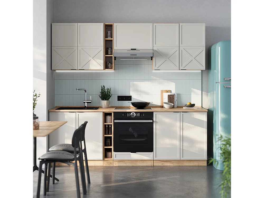 Mueble de cocina gris/beige/roble dorado 235x60x81.6 fame-line