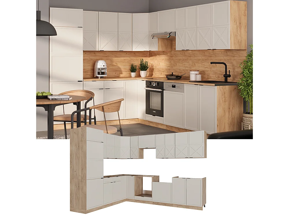 Cuisine en angle grisbeige/chêne doré 287x46x81.6 fame-line