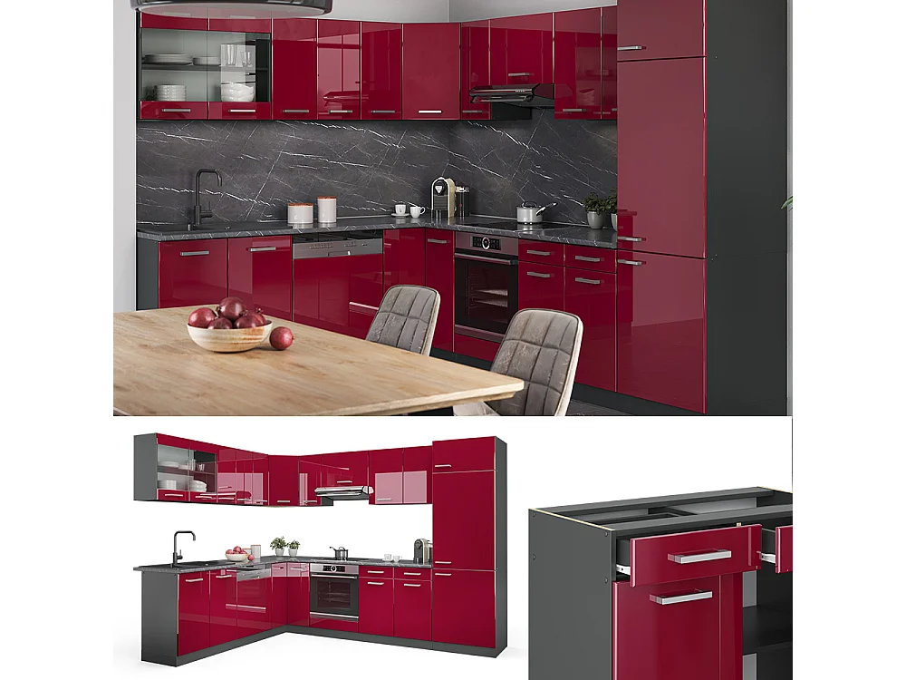 Cocina esquinera rojo brillo intenso/antracita 287x60x81.6 r-line