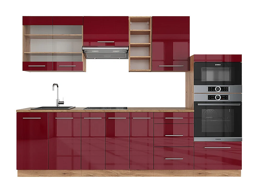 Mueble de cocina burdeos brillo intenso/roble dorado 280x46x81.6 fame-line