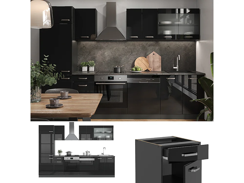 Mueble de cocina negro/antracita de alto brillo 300x60x81.6 r-line
