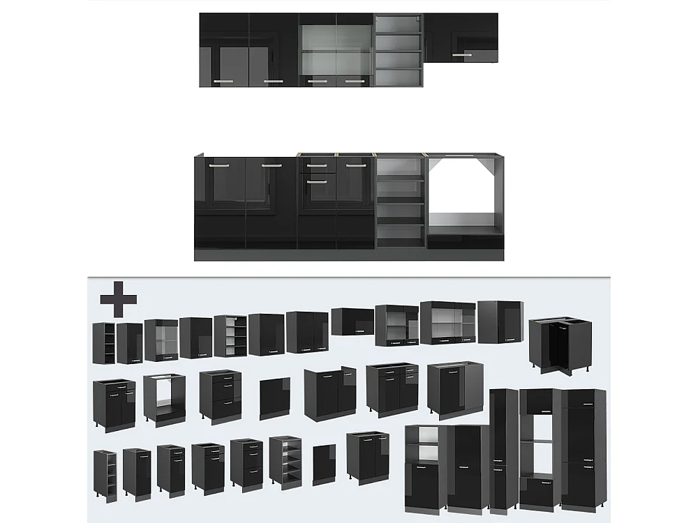 Küchenzeile schwarz hochglanz/anthrazit 240x60x81.6 r-line