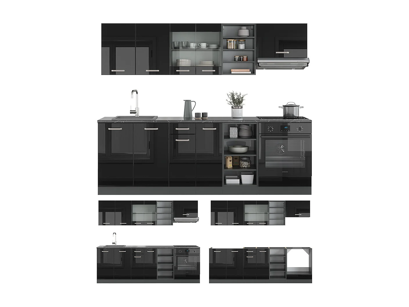 Küchenzeile schwarz hochglanz/anthrazit 240x60x81.6 r-line