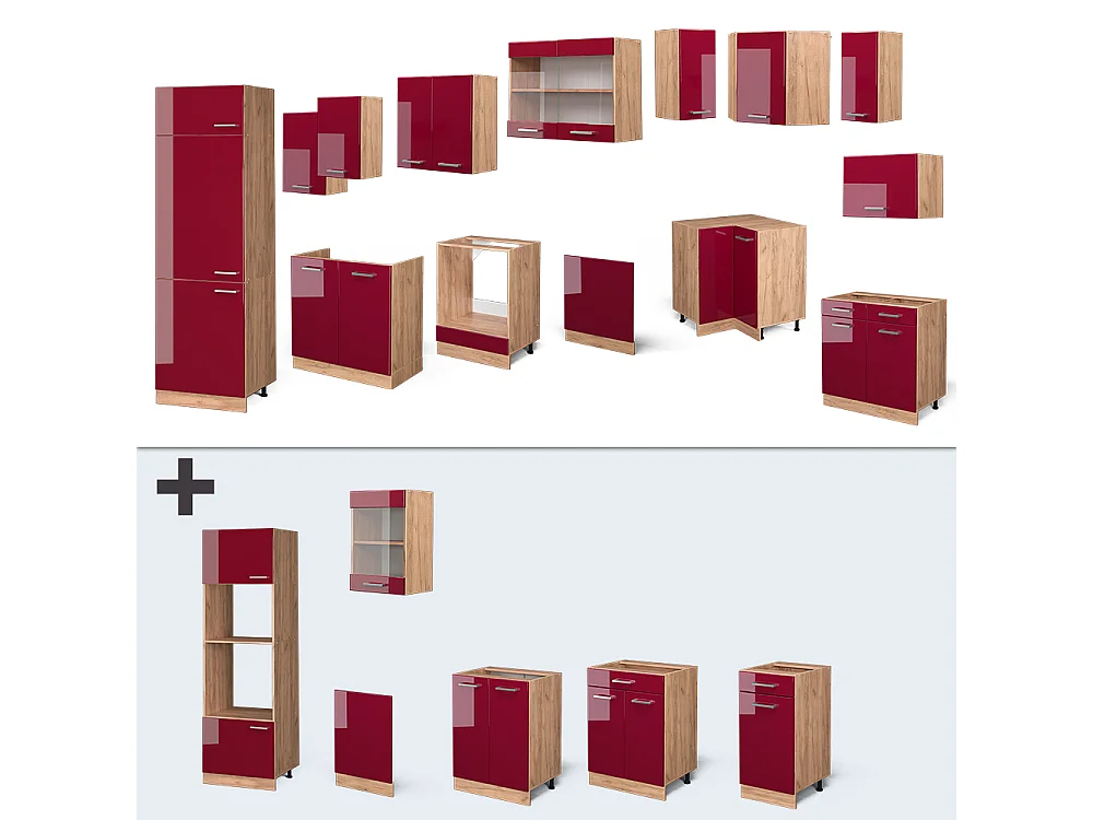 Cuisine en angle rouge brillant/chêne doré 287x60x81.6 r-line