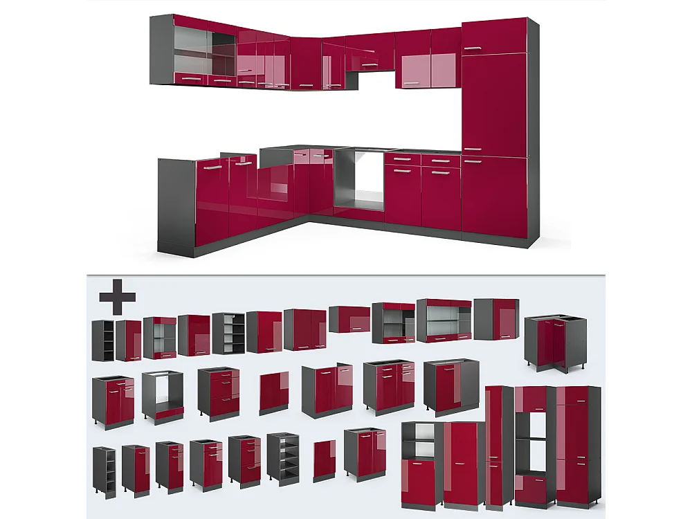Cuisine en angle rouge brillant/anthracite 287x46x81.6 r-line