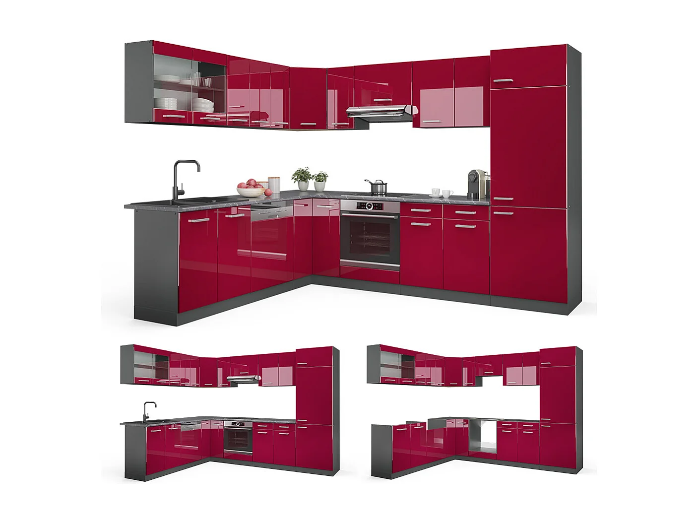 Cuisine en angle rouge brillant/anthracite 287x46x81.6 r-line