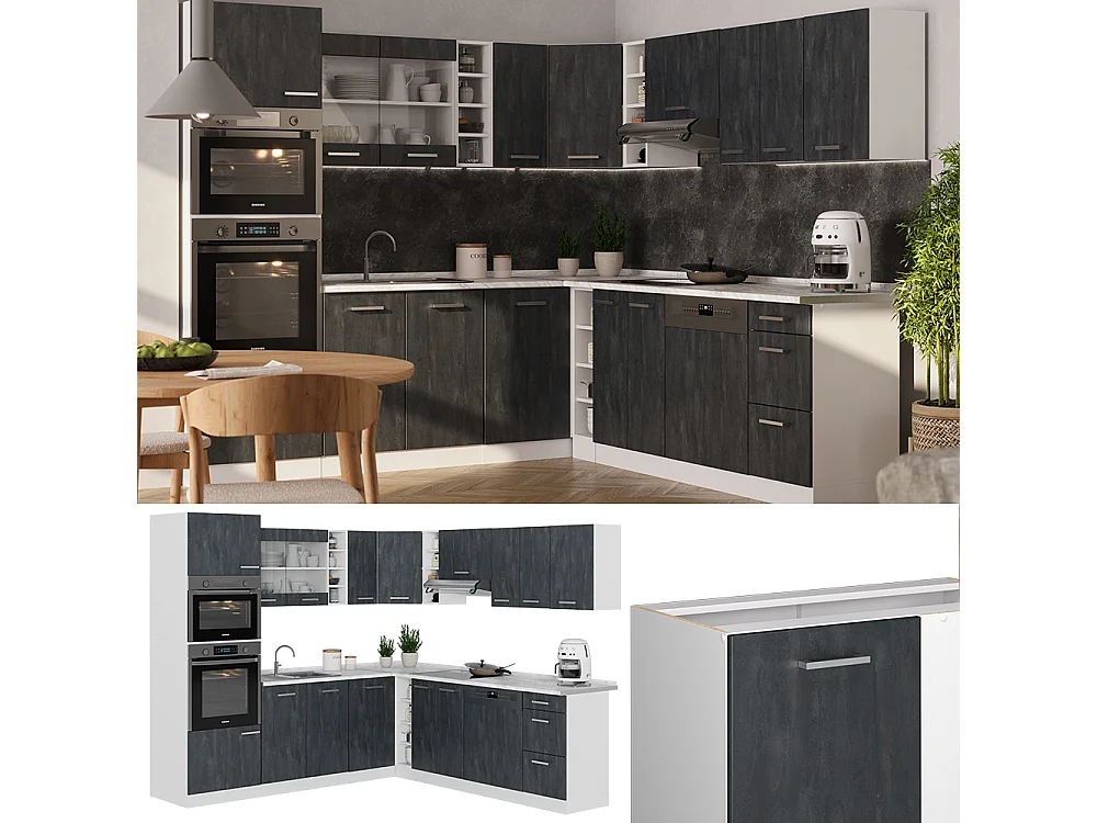 Cocina esquinera hormigón negro/blanco 247x60x81.6 r-line