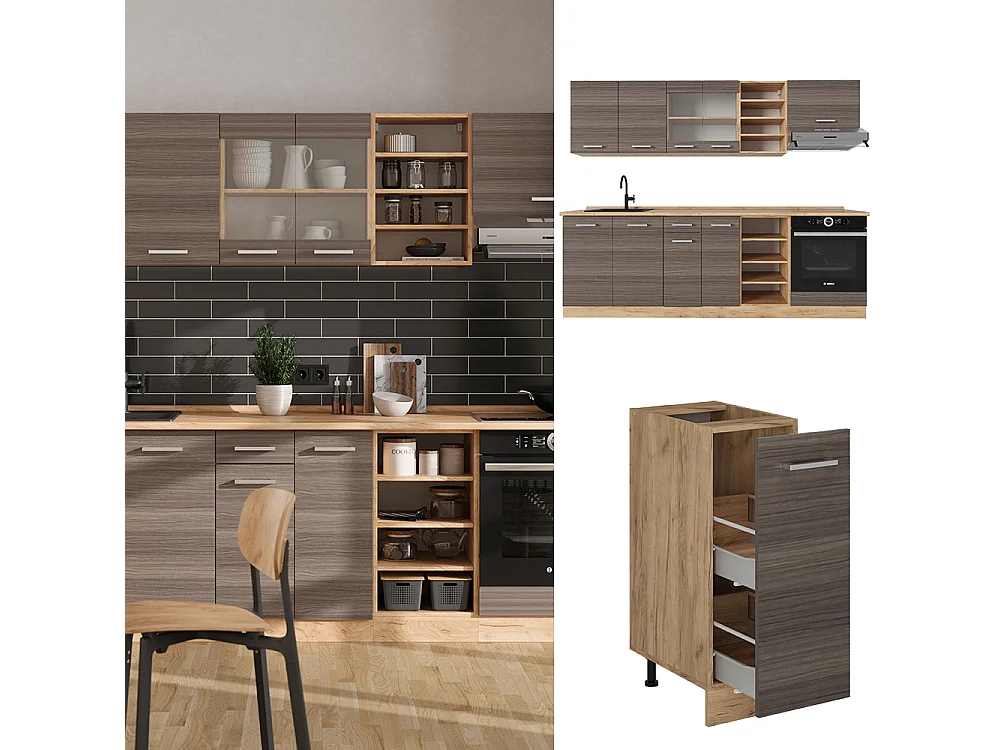 Complete keukeneenheid edel grijs/gouden eik 240x46x81.6 r-line