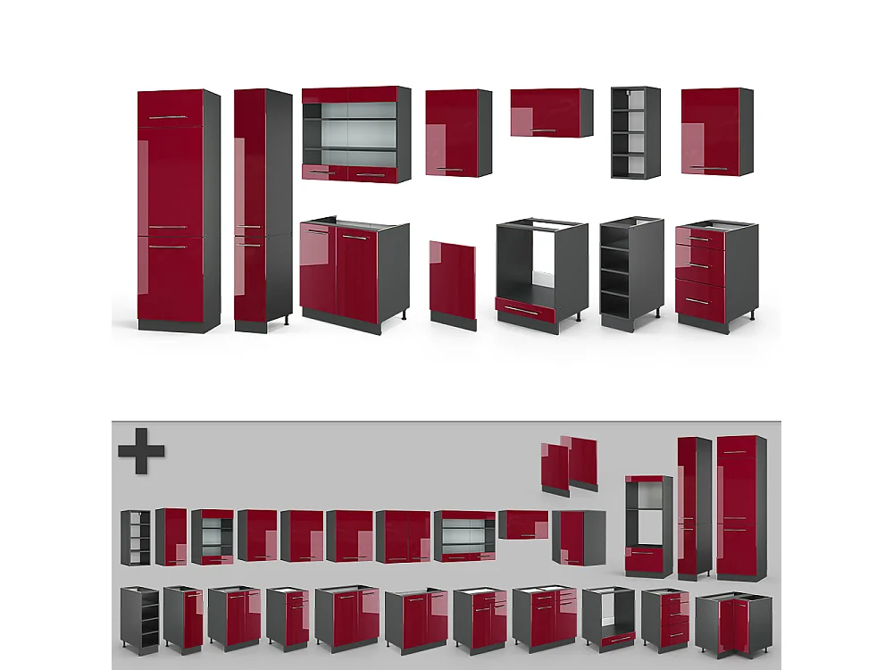 Mueble de cocina burdeos brillo intenso/antracita 355x60x81.6 fame-line