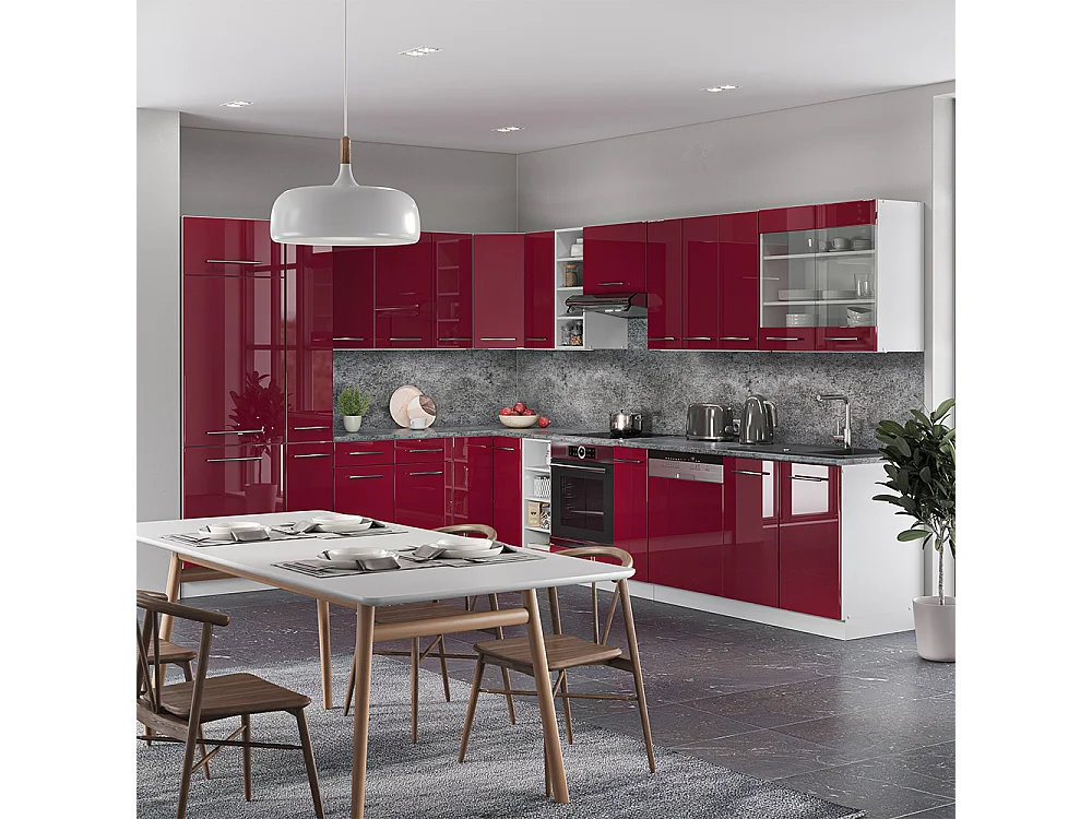 Cocina esquinera burdeos brillo intenso/blanco 347x60x81.6 fame-line