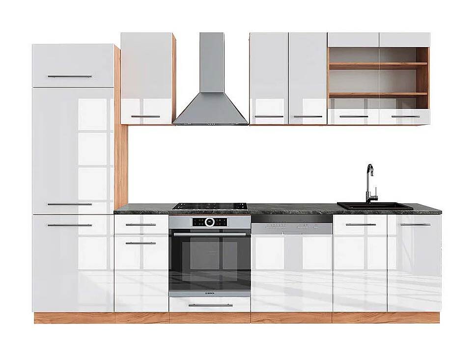 Mueble de cocina blanco brillo intenso/roble dorado 300x60x81.6 fame-line