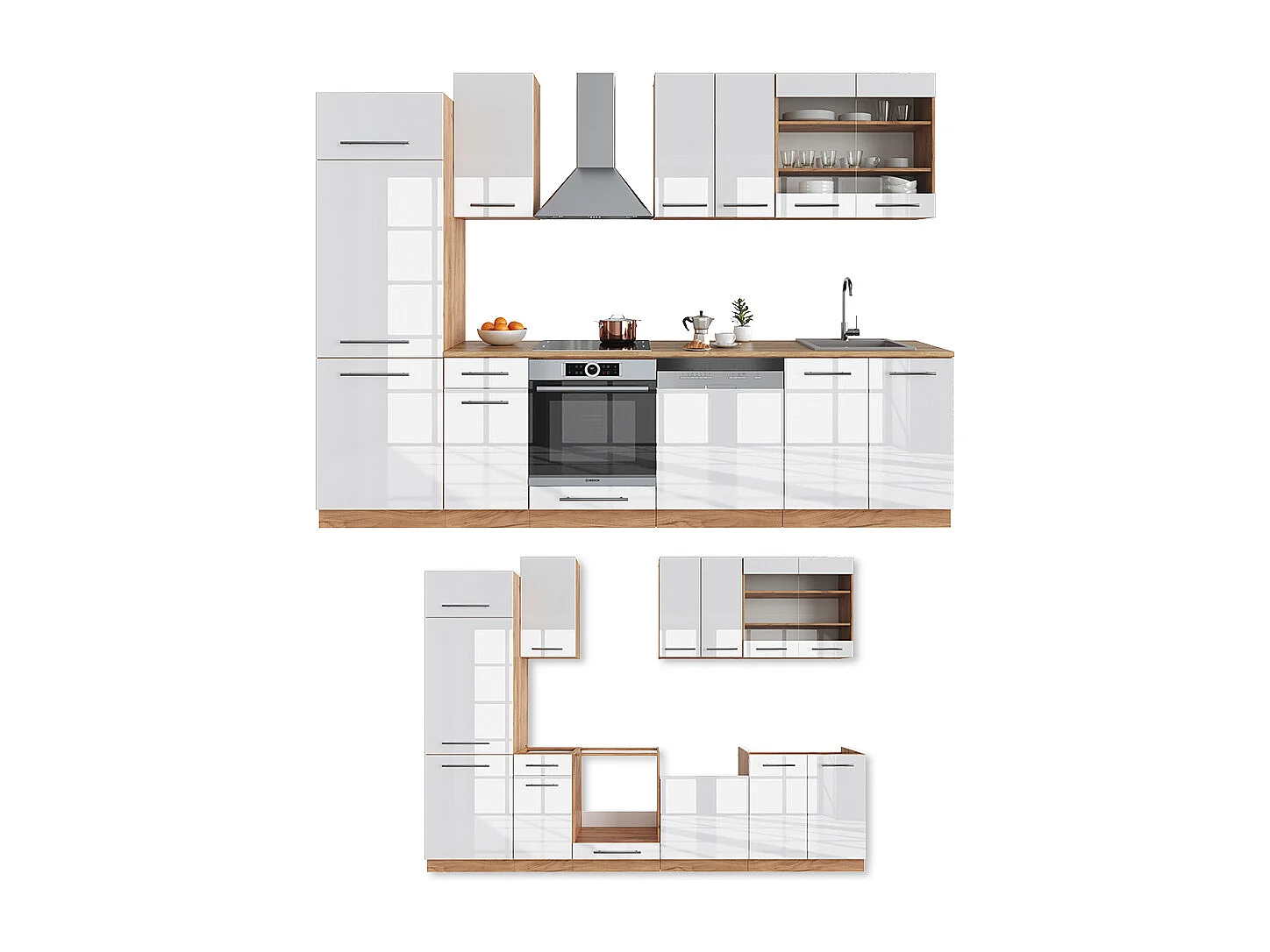 Küchenzeile weiß hochglanz/goldkraft eiche 300x60x81.6 fame-line