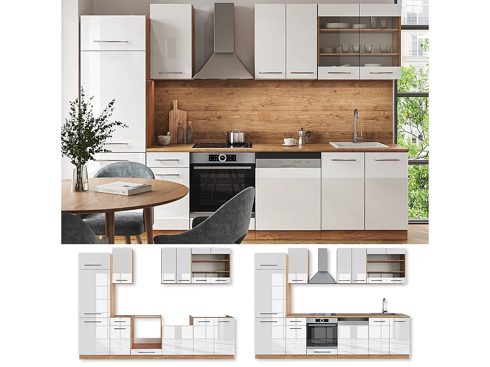 Mueble de cocina blanco brillo intenso/roble dorado 300x60x81.6 fame-line