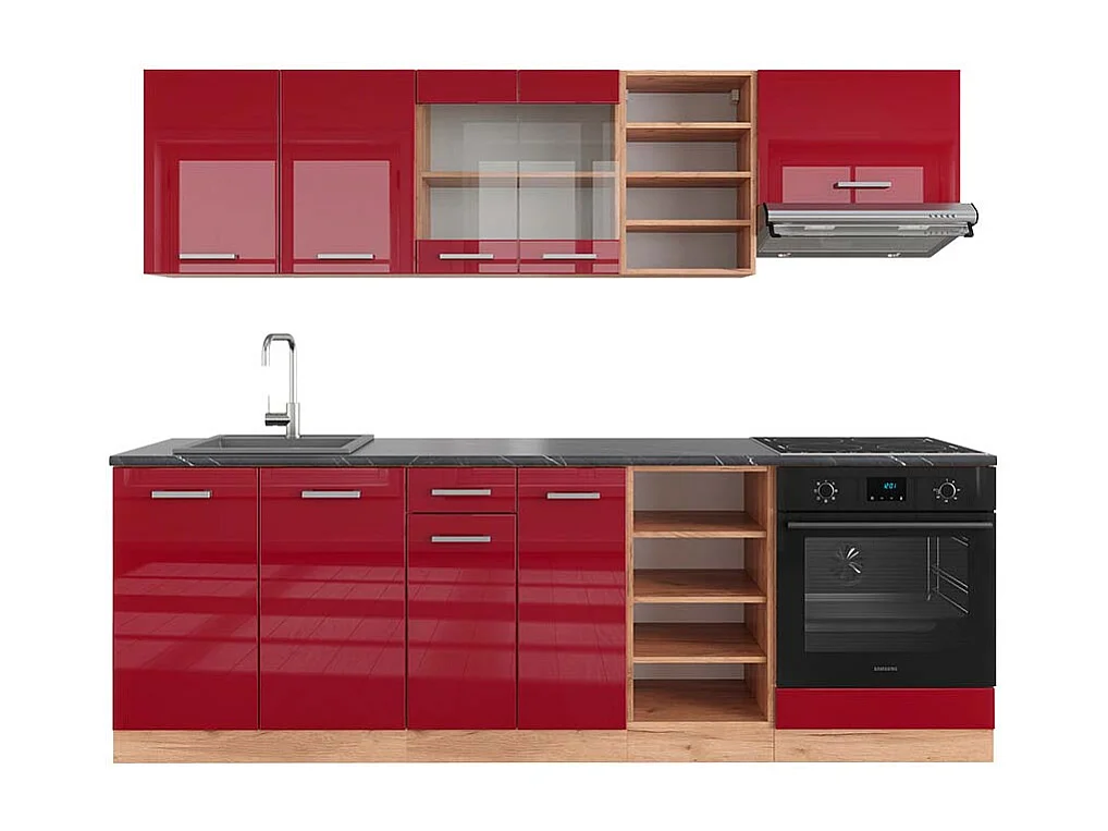 Cucina componibile rosso lucido/rovere dorato 240x60x81.6 r-line