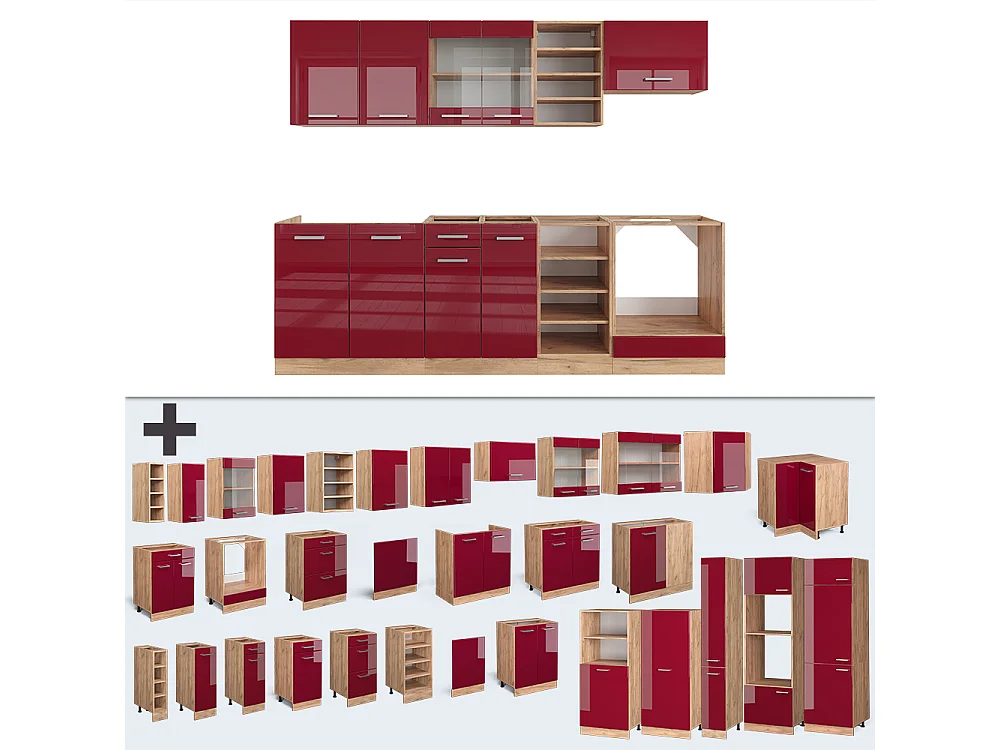 Cucina componibile rosso lucido/rovere dorato 240x60x81.6 r-line