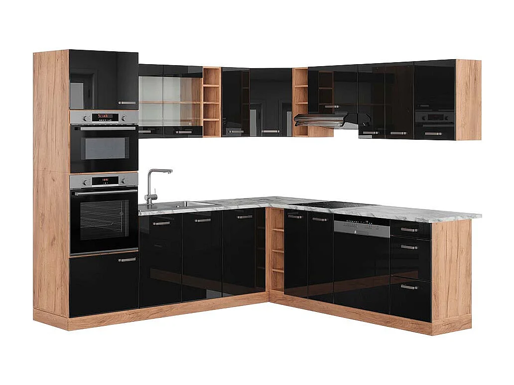 Cocina esquinera roble negro/dorado de alto brillo 247x60x81.6 r-line