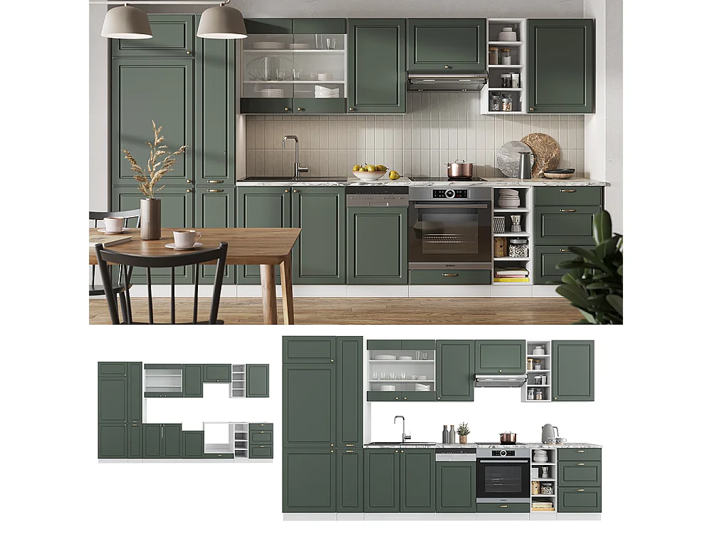 Mueble de cocina verde-dorado casa de campo/blanco 355x46x81.6 fame-line