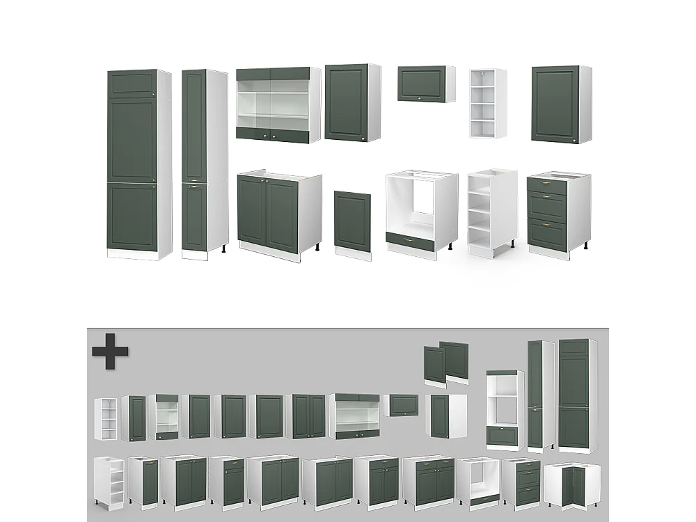 Mueble de cocina verde-dorado casa de campo/blanco 355x46x81.6 fame-line