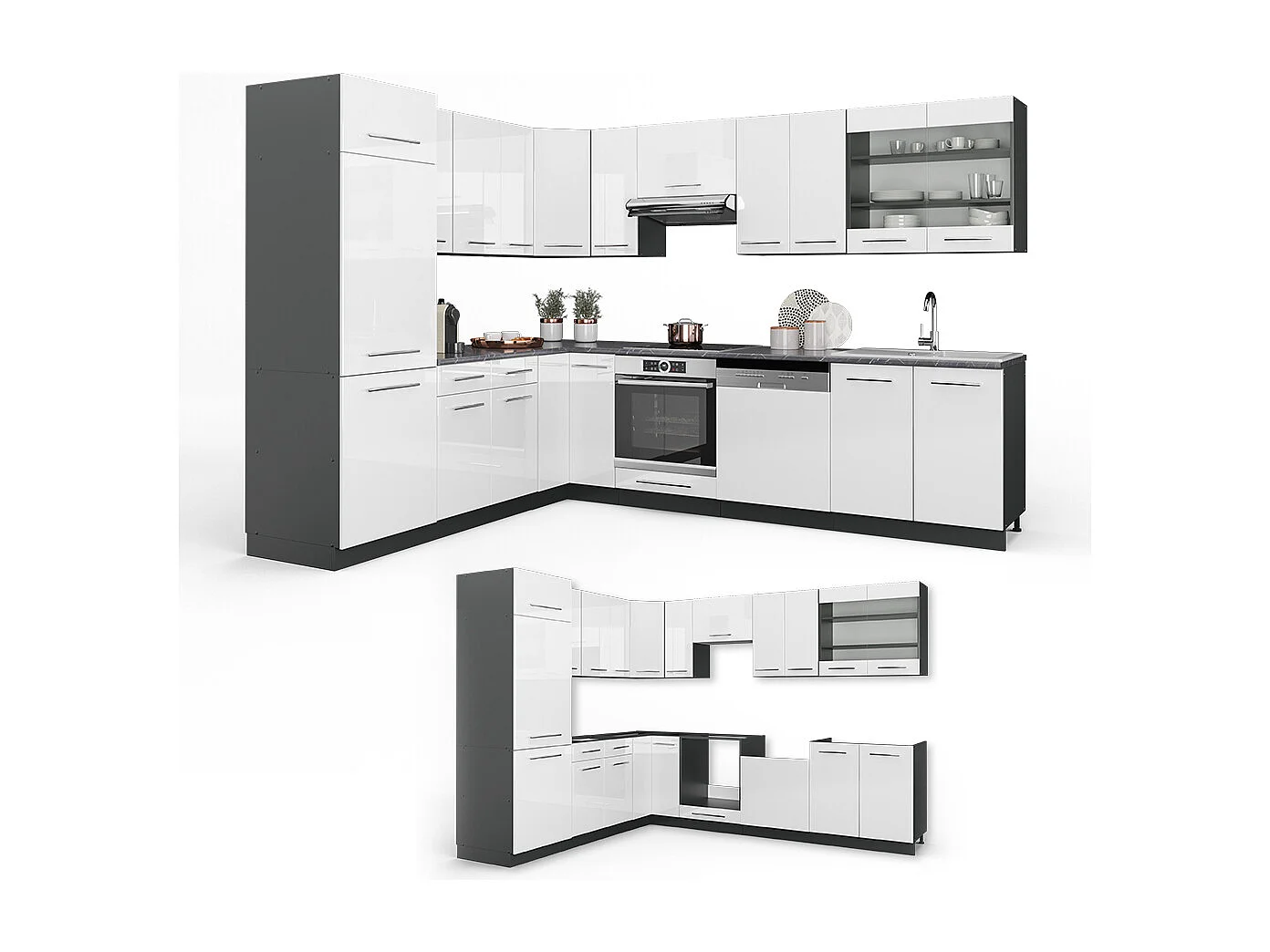 Cuisine en angle blanc brillant/anthracite 287x60x81.6 fame-line