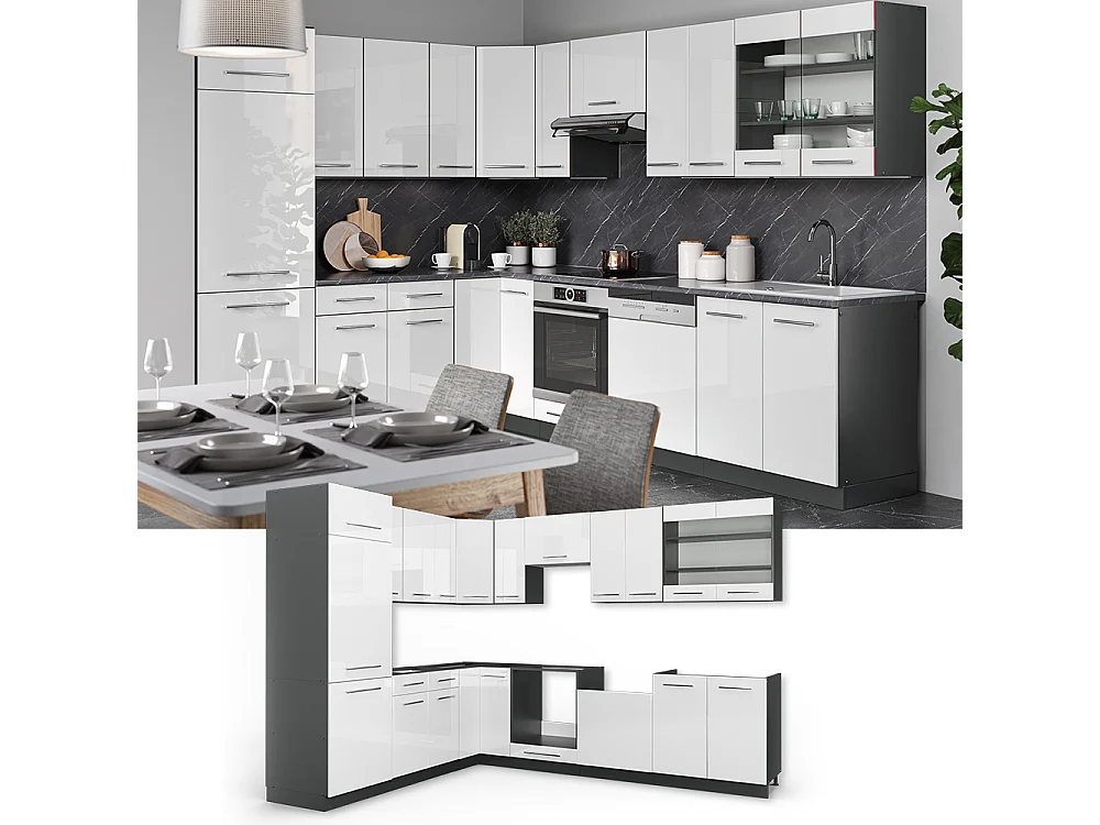 Cozinha de canto branco alto brilho/antracite 287x60x81.6 fame-line