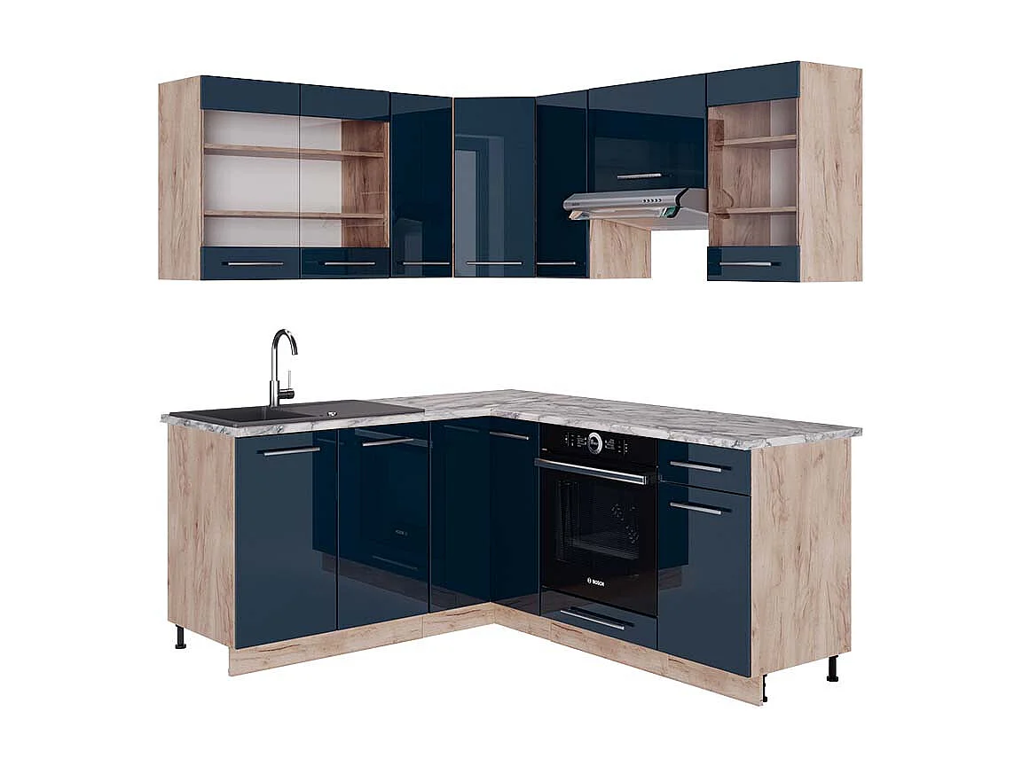 Cuisine dangle bleu foncé brillant/chêne doré 190x60x81.6 fame-line