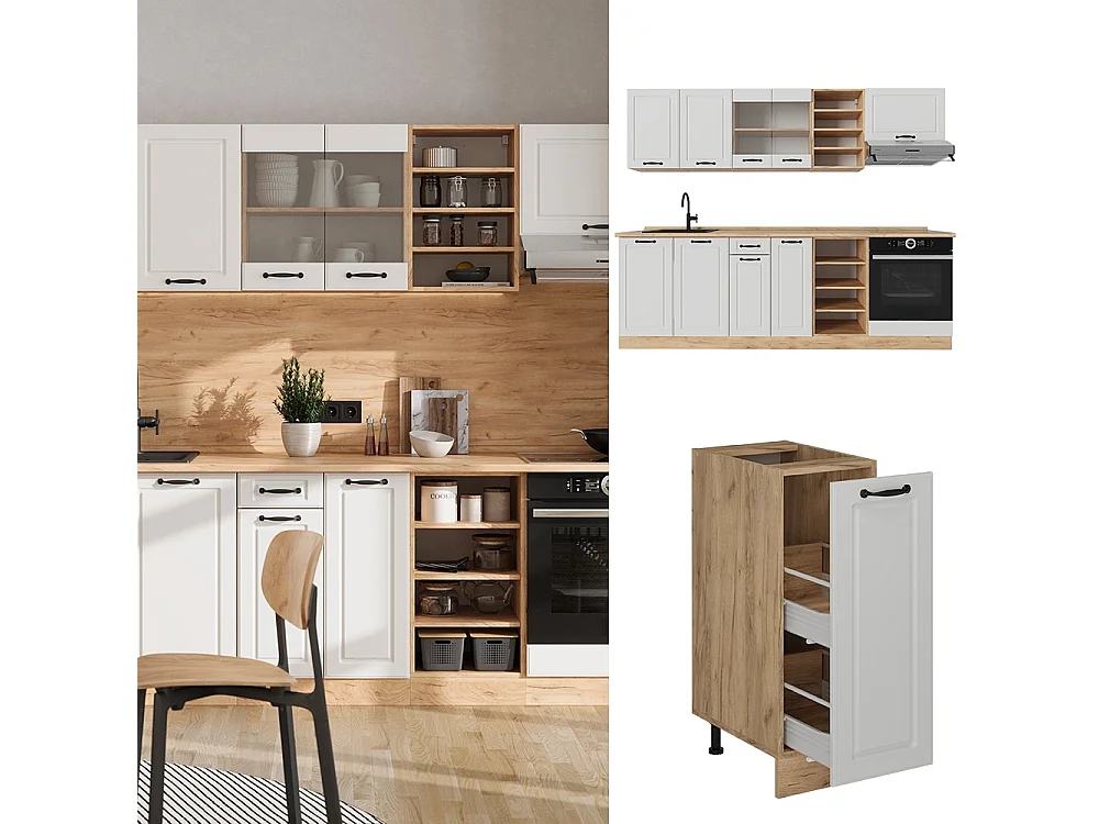 Køkkenrække hvidt landhus/gyldent egetræ 240x60x81.6 r-line