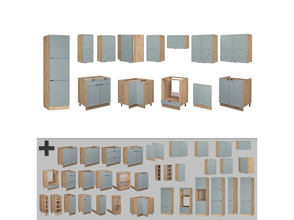 Cuisine en angle bleu clair-gris/chêne force dor 287x46x81.6 fame-line