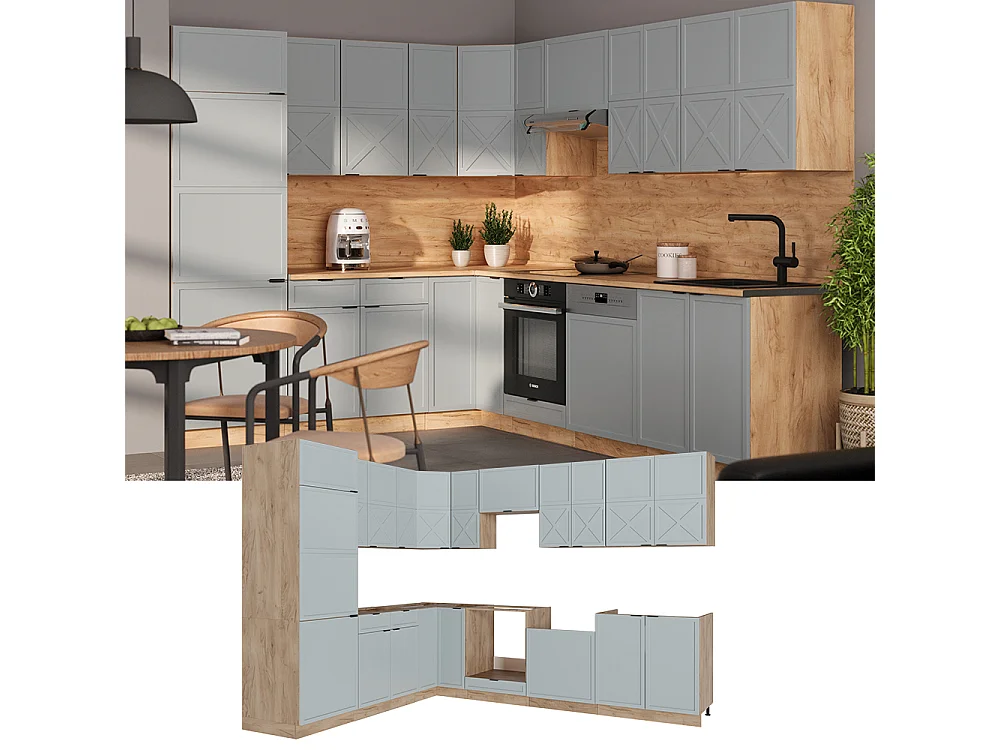 Cuisine en angle bleu clair-gris/chêne force dor 287x46x81.6 fame-line