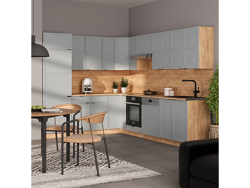 Cuisine en angle bleu clair-gris/chêne force dor 287x46x81.6 fame-line