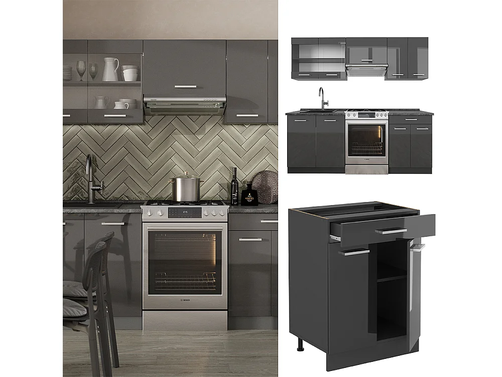 Mueble de cocina antracita brillo intenso/antracita 200x46x81.6 r-line