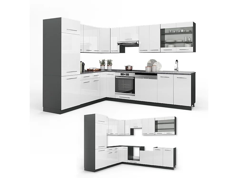 Hjørnekøkken hvid højglans/antracit 287x60x81.6 fame-line