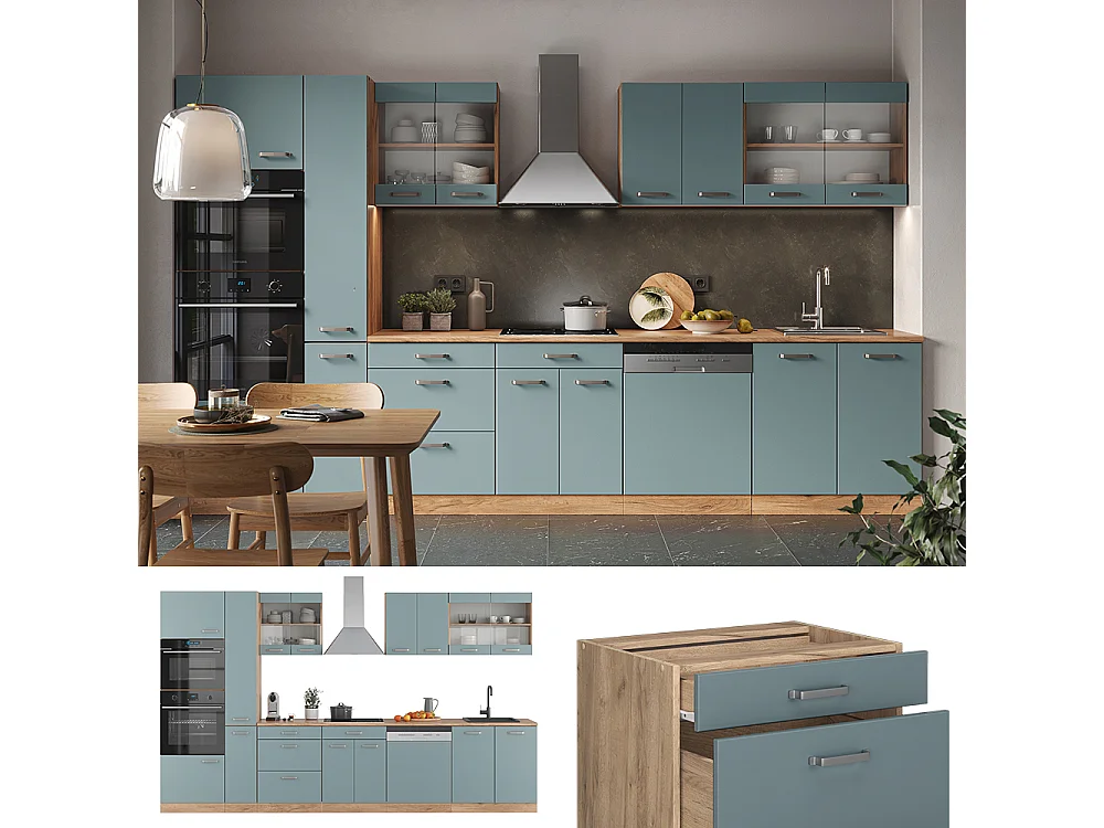 Cucina rovere blu-grigio/oro 350x60x81.6 r-line