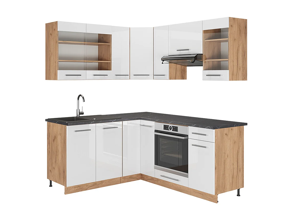 Cuisine en angle blanc brillant/chêne doré 190x46x81.6 fame-line